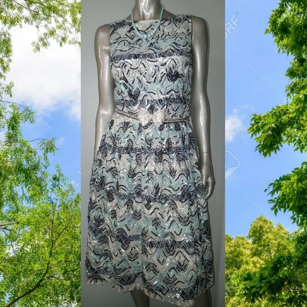 ♡$5,000 OSCAR DE LA RENTA SILK BLUE OCEAN BEAD RUNW DRESS 8